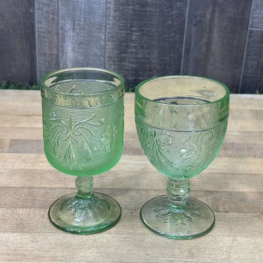 Vintage Tiara Indiana Glass Green Goblets Set of 2 Floral Pressed Glass Mixed